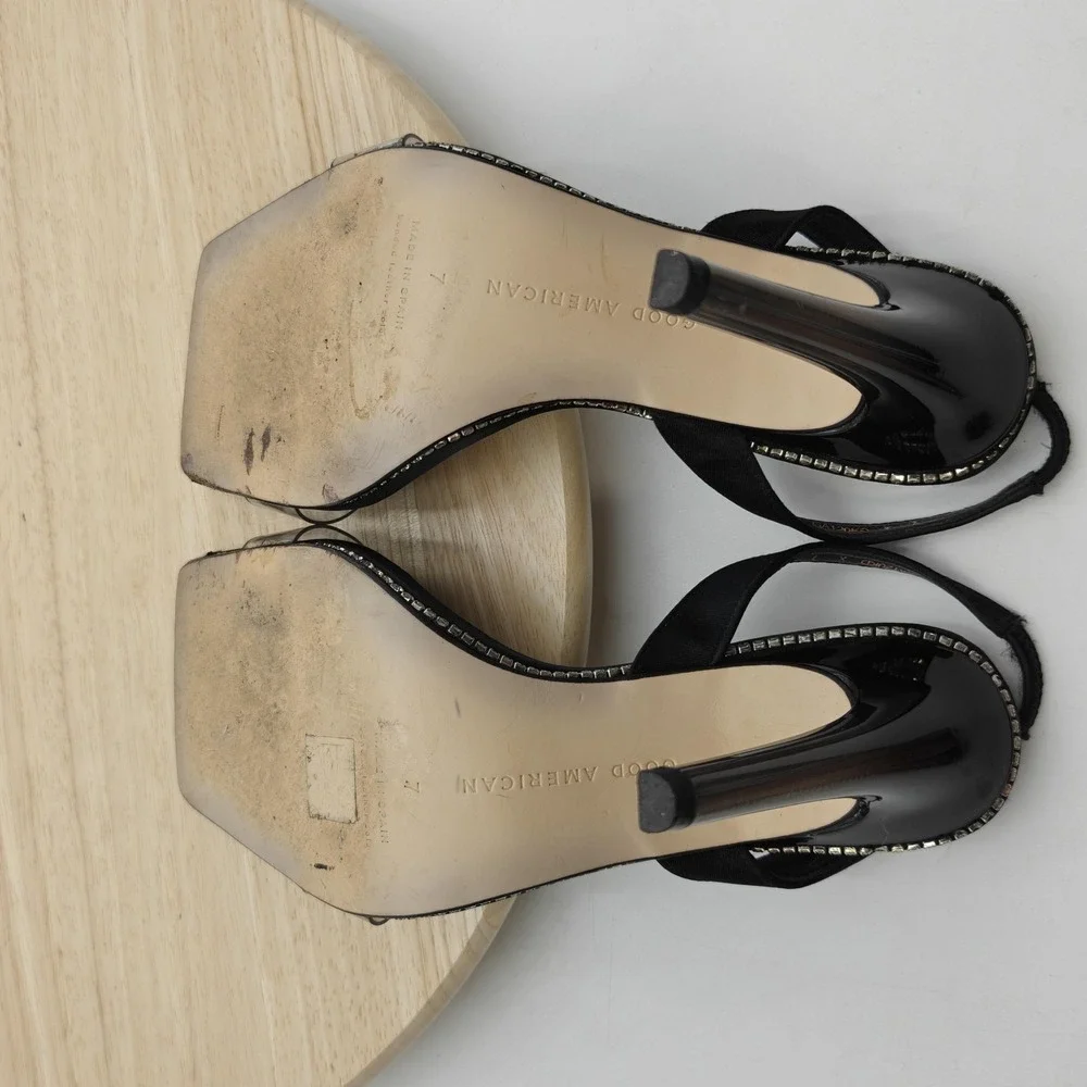 Good American Shoes Womens Size 7 Black Rhinestone Slingback Heels‎ Clear Strap